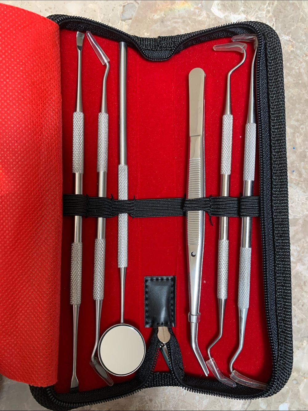 Dental Stainless Steel Tool Set for Teeth Cleaning in Red Roll Case. Pre-Owned.